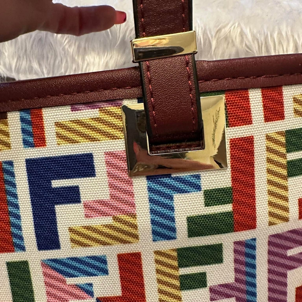 Fendi Multicolor FF-Logo Canvas Tote with Brown Leather Straps - Picture 4 of 5